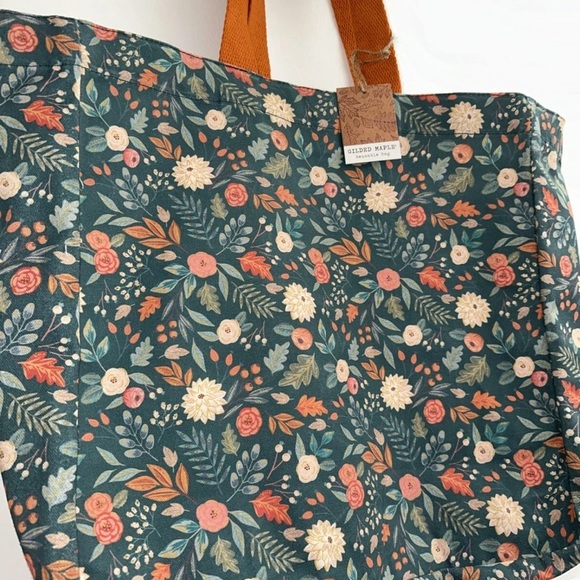 Floral Tote Bag with Orange Handles - Picture 2 of 15